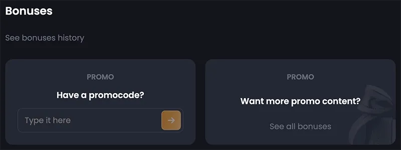 BitKingz Bonuses area for entering a promo code