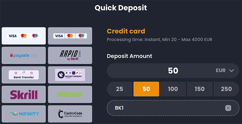 BitKingz deposit screen with the BK1 promo code entered