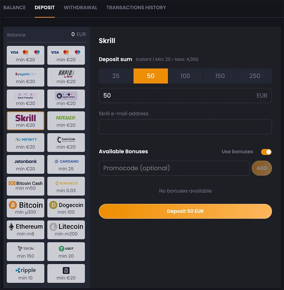 Cassa BitKingz con metodi di deposito, importo e campo facoltativo per il codice promozionale
