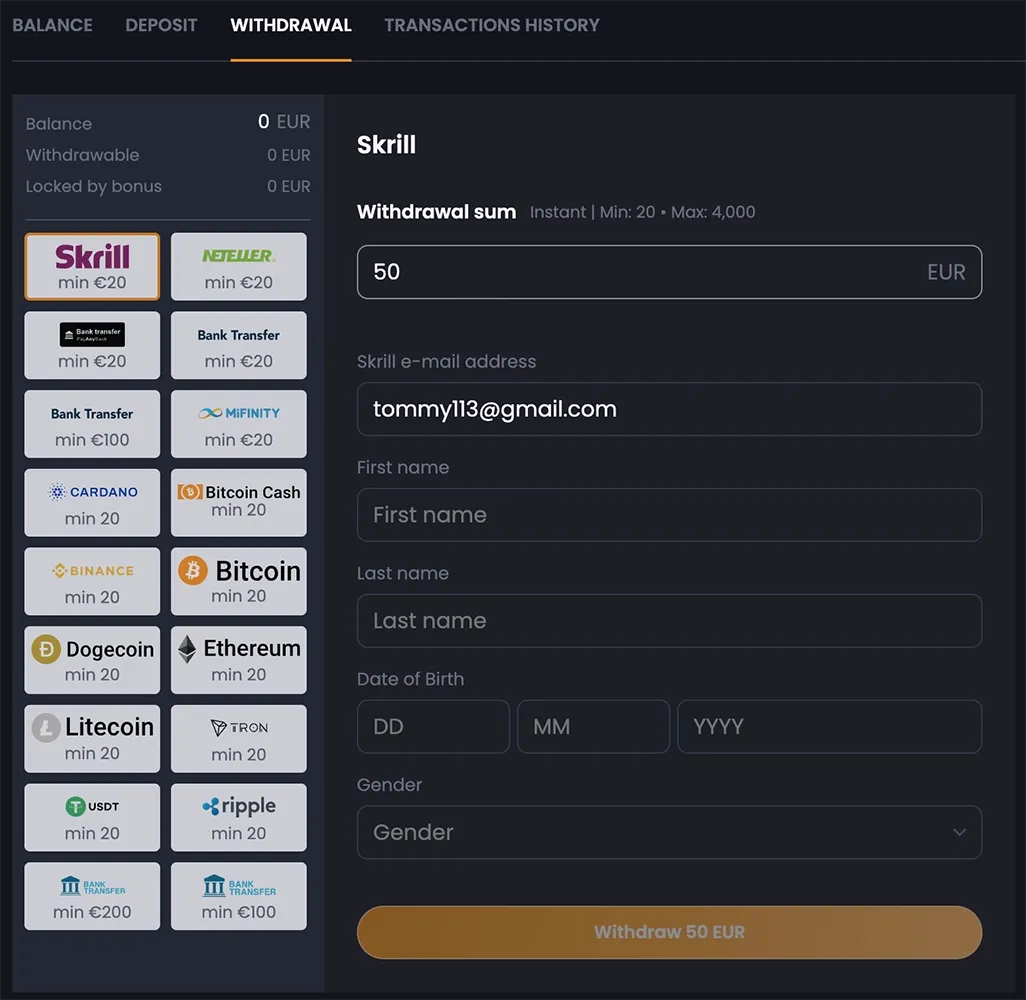 BitKingz withdrawal screen with payout methods and account details
