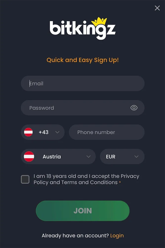 BitKingz-registrering på en mobilenhet