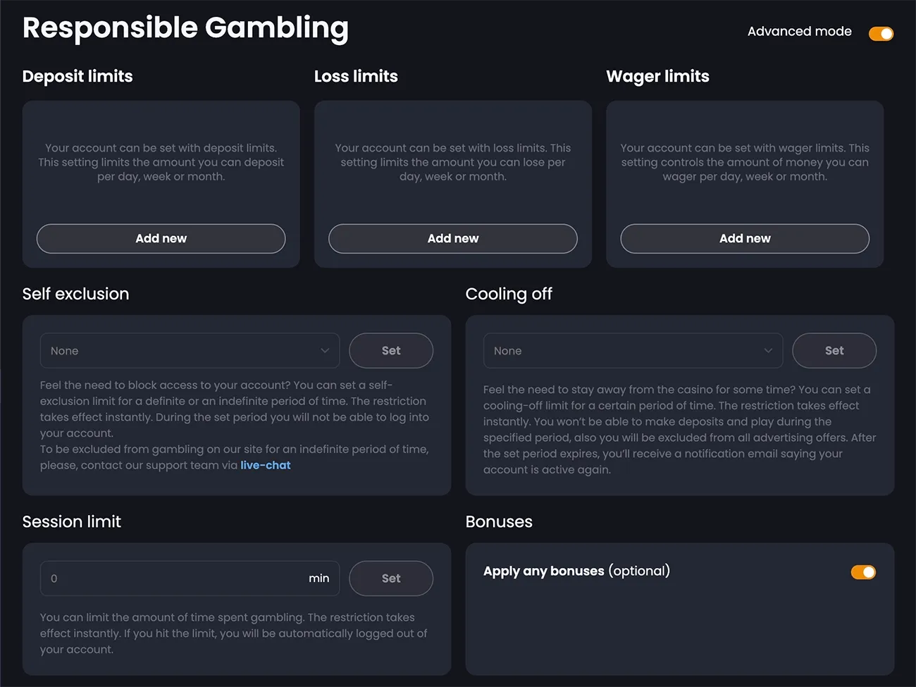 BitKingz responsible gaming controls for deposit, loss and wager limits, cooling-off and self-exclusion