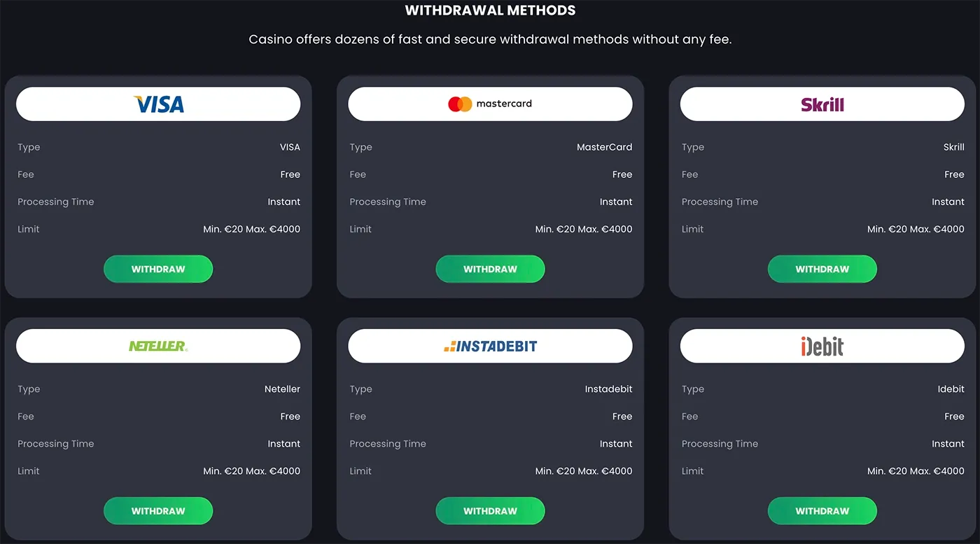 BitKingz withdrawal methods including cards, e-wallets and bank payments