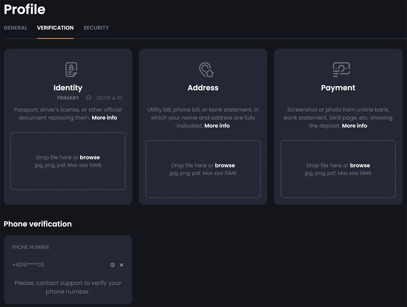 BitKingz identity, address, payment and phone verification screen